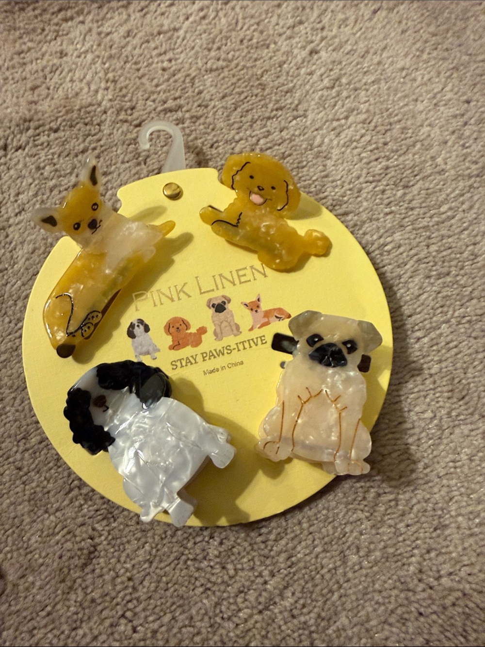 Pink Linen Stay Paws-itive Yellow & Cream Dog Resin Hair Clips